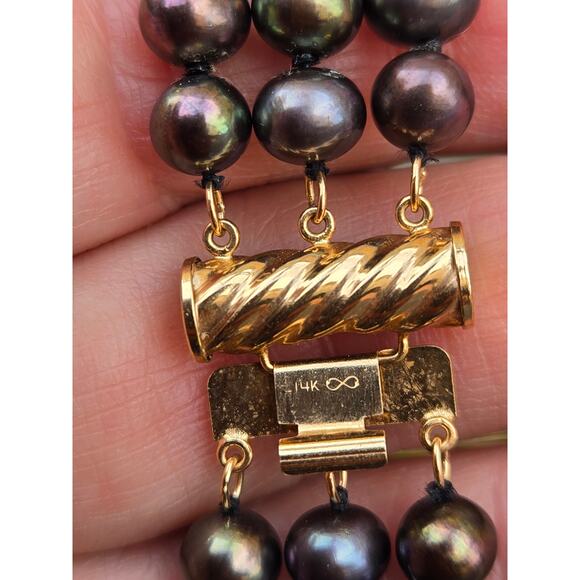 Vintage 3 Strand Peacock Majorica Faux Pearl Necklace with 14K Yellow Gold Clasp - Picture 6 of 9